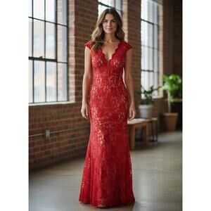 Xscape Red Lace Maxi Dres Sleeveless V-Neck with Built-in Cups Keyhole Back 6